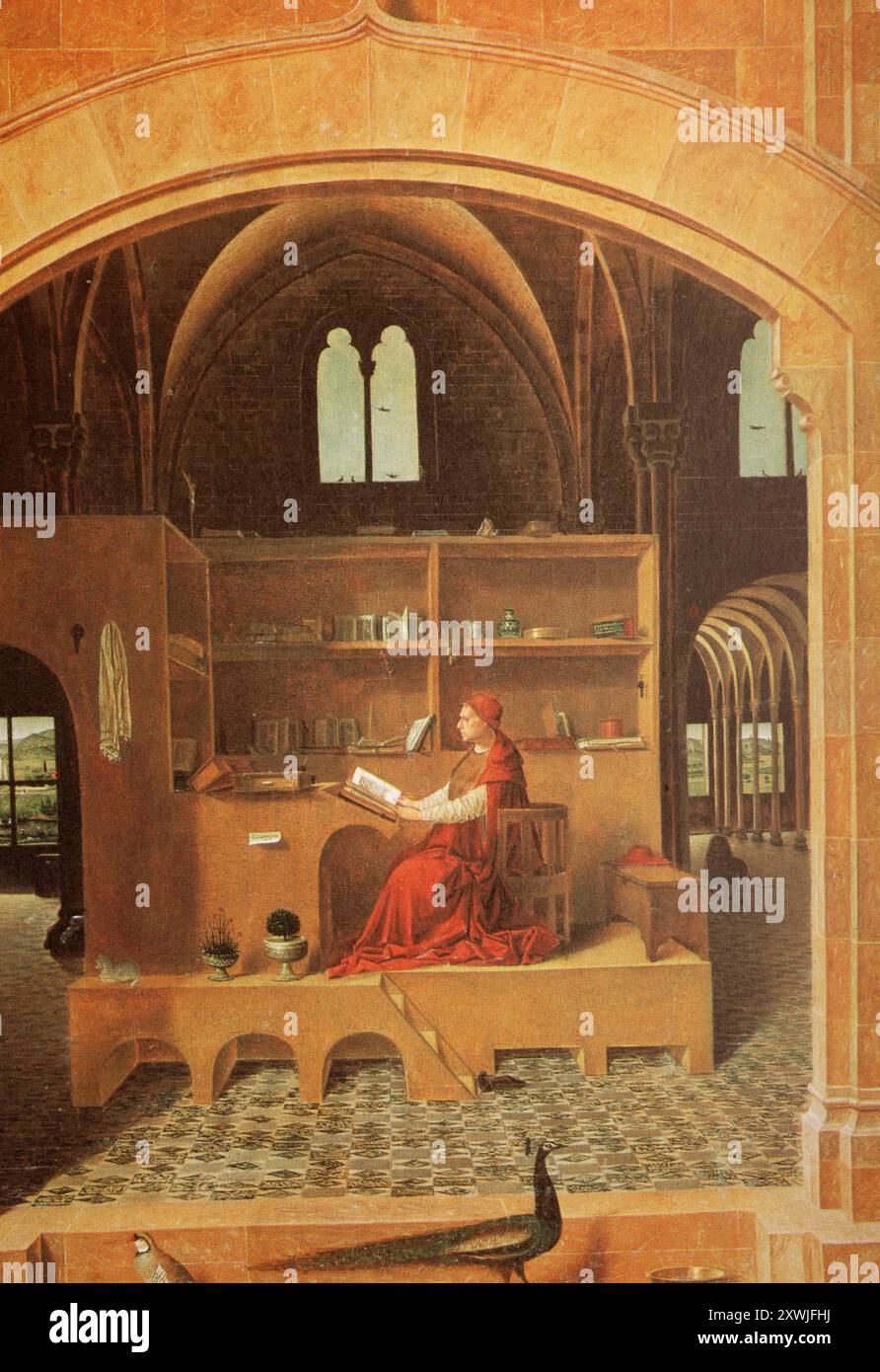 "Gemälde von Antonello da Messina, eigentlich Antonio di Giovanni de Antonio (* um 1429/1430 in Messina; † zwischen 14. Und 25. Februar 1479 in Messina), italienischer Maler Hieronymus in seiner Studie, historische, digital restaurierte Reproduktion eines Originals aus dem 19. Jahrhundert, Datum des Aufzeichnungsdatums nicht angegeben", Gemälde von Antonello da Messina, eigentlich Antonio di Giovanni de Antonio (* um 1429/1430 in Messina; † zw. 14. Und 25. Februar 1479 in Messina), italienischer Maler, Hieronymus in seinem Studierzimmer, Historisch, digital restaurierte Reproduktion von einer Vorlage aus dem 19. Jahrhundert, R Stockfoto