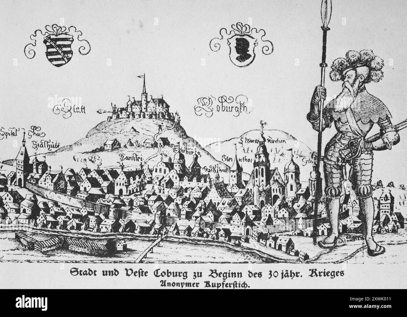 Historische, digital restaurierte Reproduktion eines Originals aus dem 19. Jahrhundert, kein Rekorddatum angegeben, Stadt und Festung zu Beginn des Dreißigjährigen Krieges, um 1600, Coburg, Oberfranken, Bayern, Deutschland, Historisch, digital restaurierte Reproduktion von einer Vorlage aus dem 19. Jahrhundert, Rekorddatum nicht angegeben, Stadt und Veste zu Beginn des 30 jährigen Krieges, um 1600, Oberfranken, Bayern, Deutschland Stockfoto