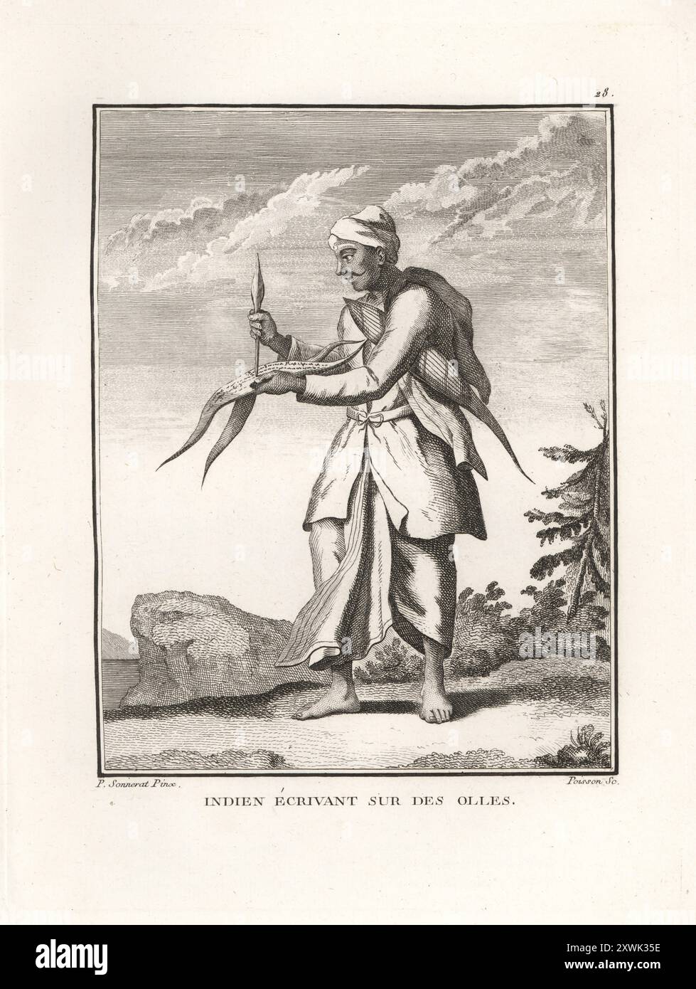 Schreibschrift auf Palmblattmanuskripten mit Bodkin, Indien, 18. Jahrhundert. Er hält ein getrocknetes Blatt in der einen Hand und schreibt mit der anderen. Indien ecrivant sur les olles. Kupferstich von Jean-Baptiste Marie Poisson nach einer Illustration von Pierre Sonnerat aus seiner Voyage aux Indes Orientales et à la Chine (Reise nach Ostindien und China, Dentu, Paris, 1806). Stockfoto