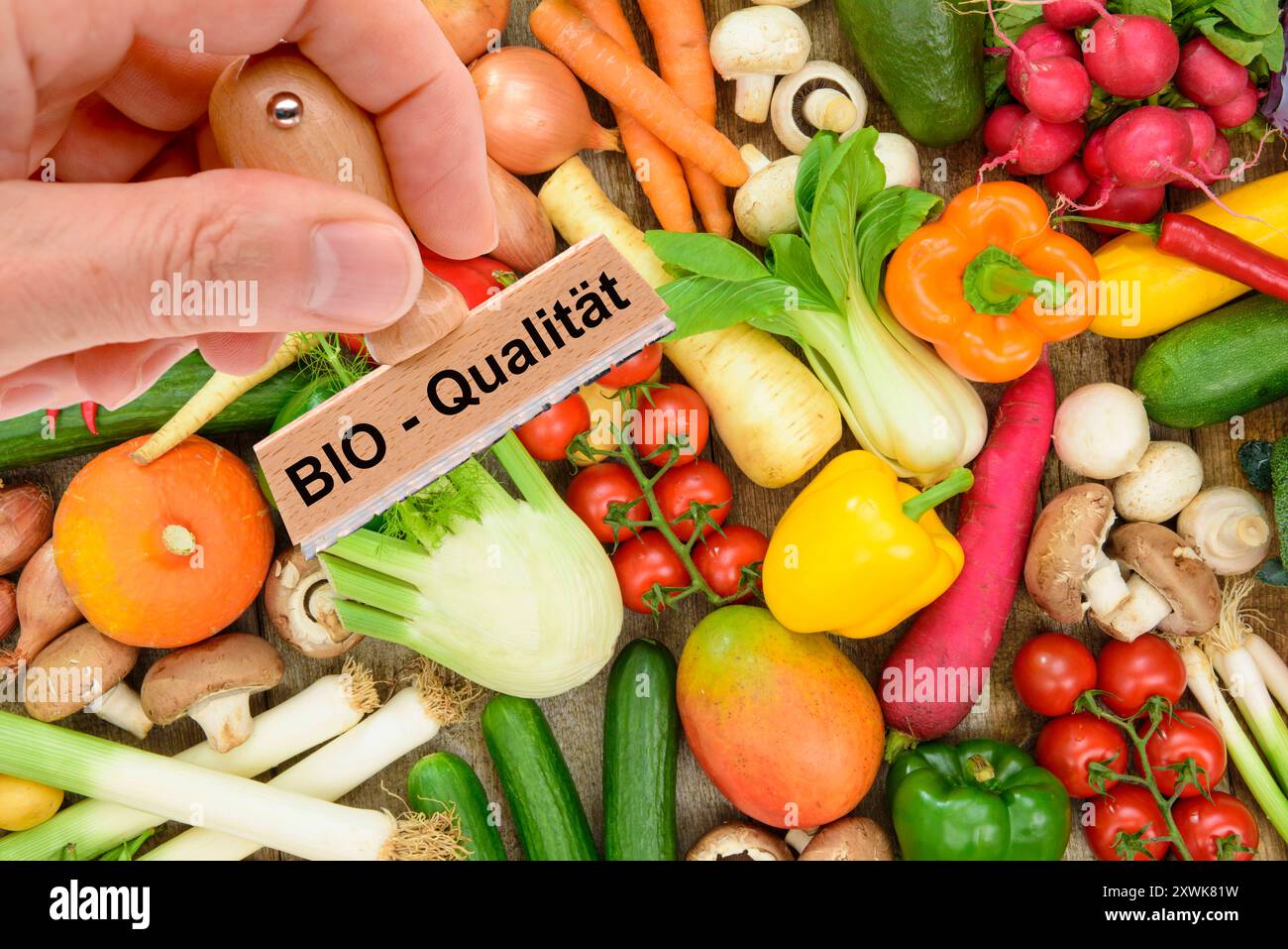 Bio-Qualität von Lebensmitteln ein Holzstempel ist beschriftet mit dem Aufdruck: Bio-Qualität über frisches Obst und Gemüse - FOTOMONTAGE *** Bio q Stockfoto
