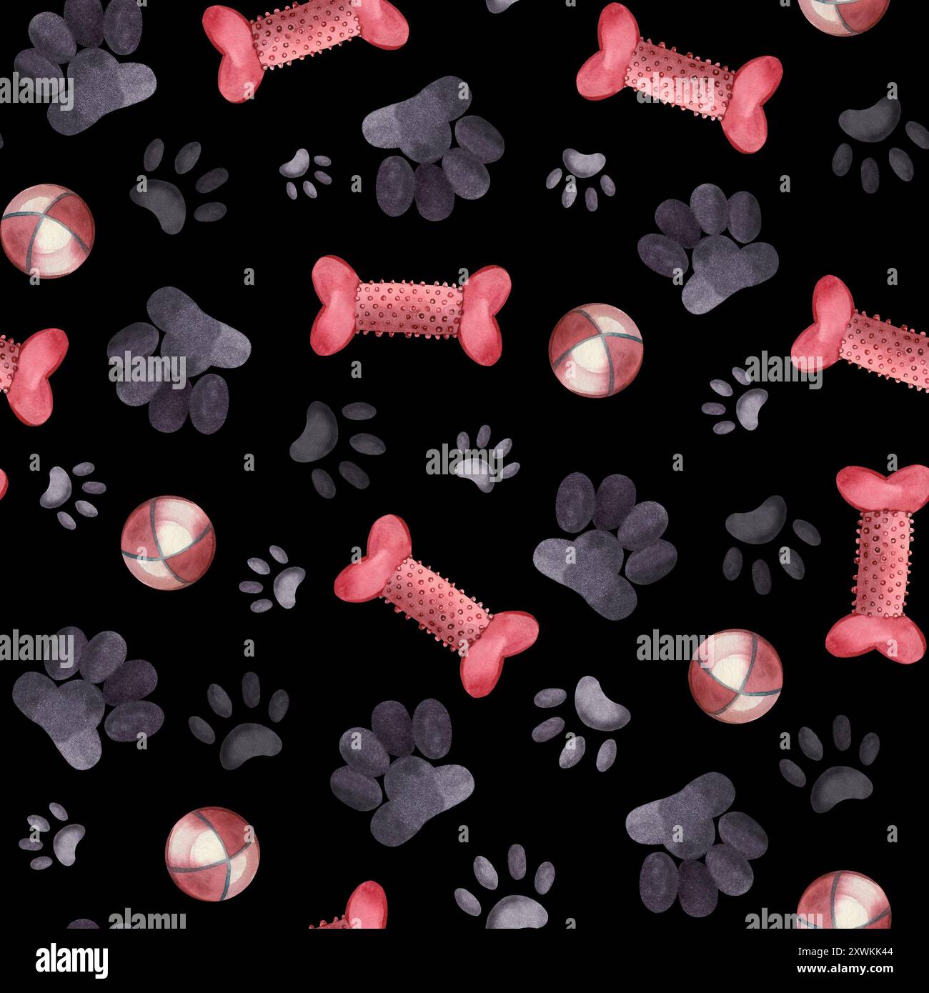 Haustiere. Spuren von Hunden und Katzen, Tierspielzeug, Hundeknochen, Kugeln, alle Gegenstände werden manuell mit Aquarell übergeben. Nahtloses Aquarellmuster. Geeignet für Stockfoto