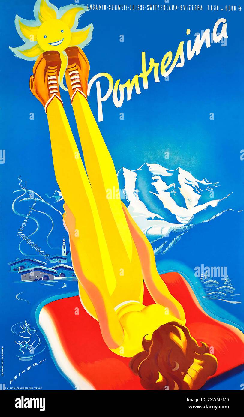 Pontresina, Vintage-Reiseplakat von Martin Peikert feat a Women in a Yellow Dress - ca. 1950 - Winter Sport, Schweiz, Schweiz Stockfoto