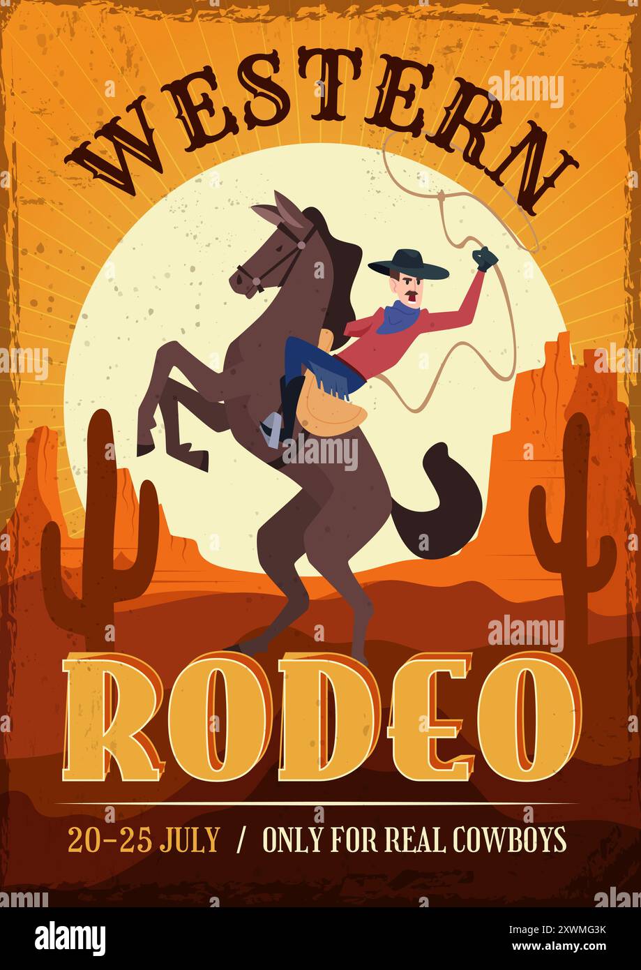 westliche Plakette. Poster mit Cowboy mit Lasso, der auf Pferd reitet. Vektorvorlage mit Platz für Text-Rodeo-Party Stock Vektor