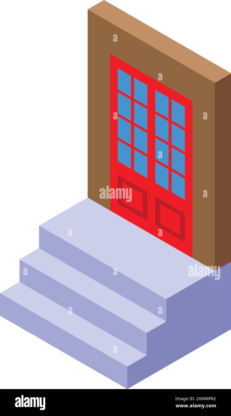 Isometrisches Symbol einer roten Haustür mit einer Treppe, die hinauf führt Stock Vektor