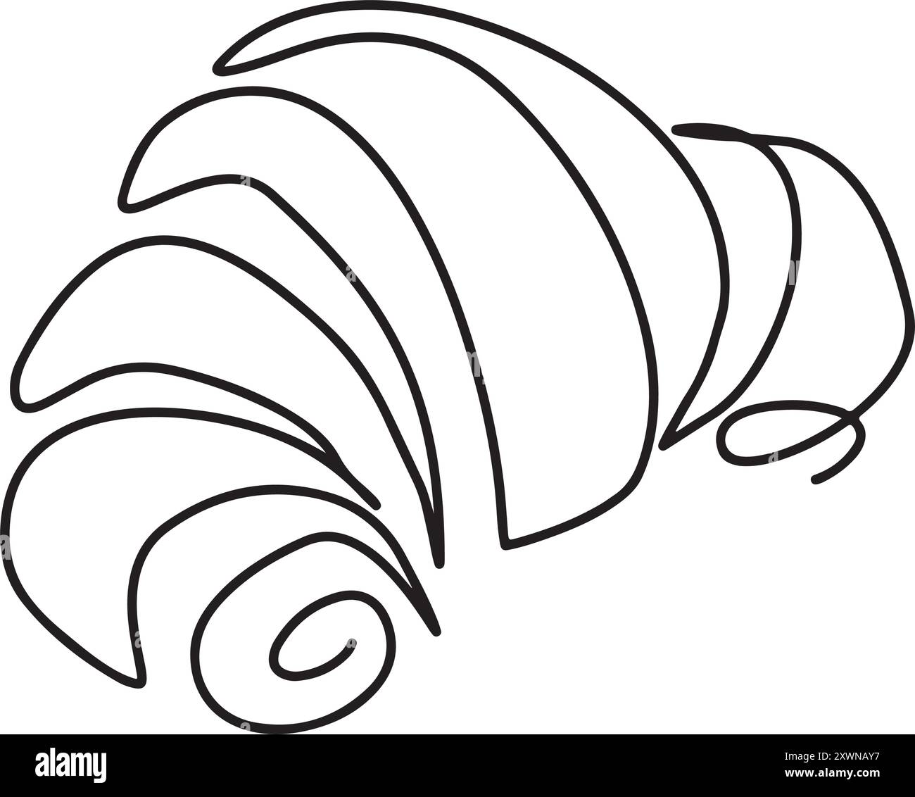 Durchgehendes, einzeiliges Croissant. Handgezeichnetes französisches Frühstück mit linearem Blätterteig für Logo. Einfache Skizzenkonstruktion isoliert auf weißem Hintergrund. Vec Stock Vektor