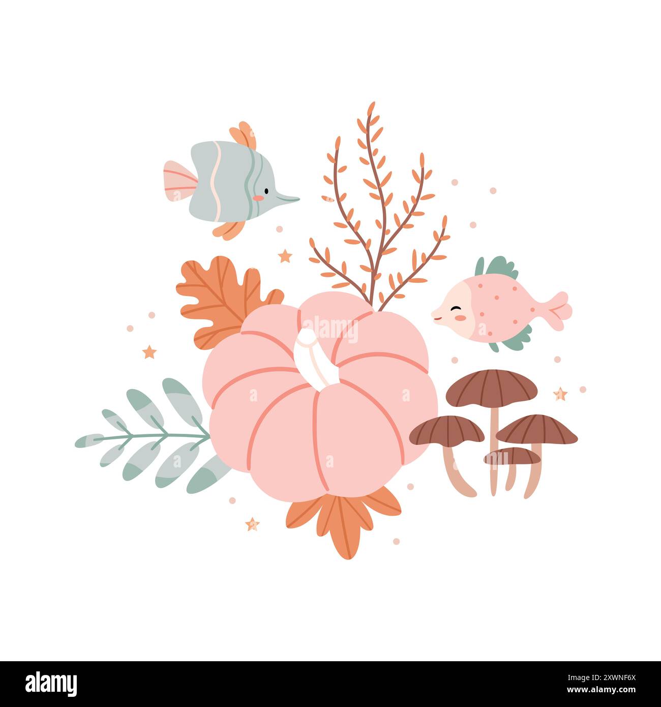 Herbstzusammensetzung der Kürbisse und die Unterwasserwelt. Surrealismus. Niedliche Herbstillustration in Pastellfarben. Stock Vektor