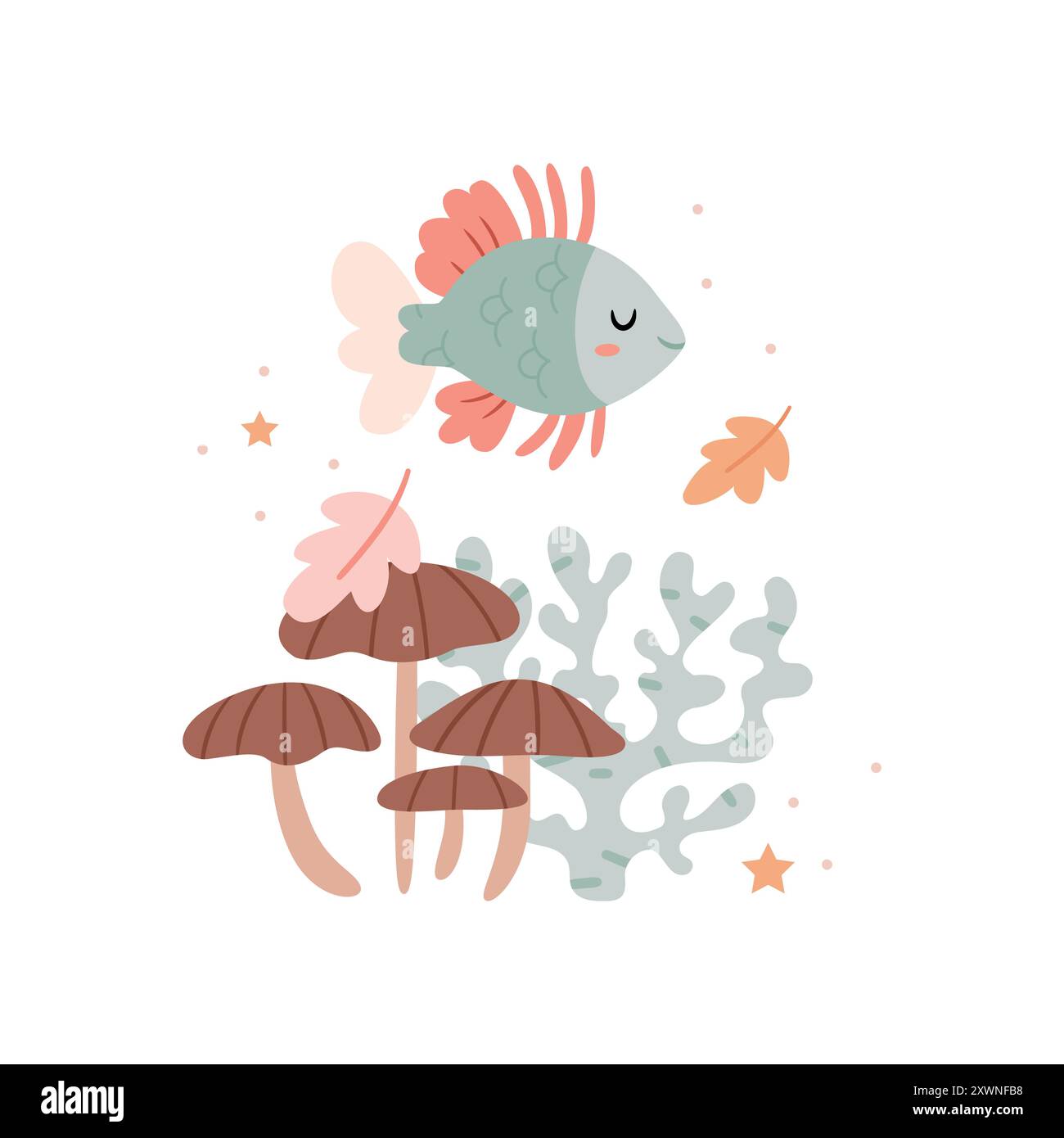 Die Herbstzusammensetzung der Pilze und die Unterwasserwelt. Surrealismus. Niedliche Herbstillustration in Pastellfarben. Stock Vektor