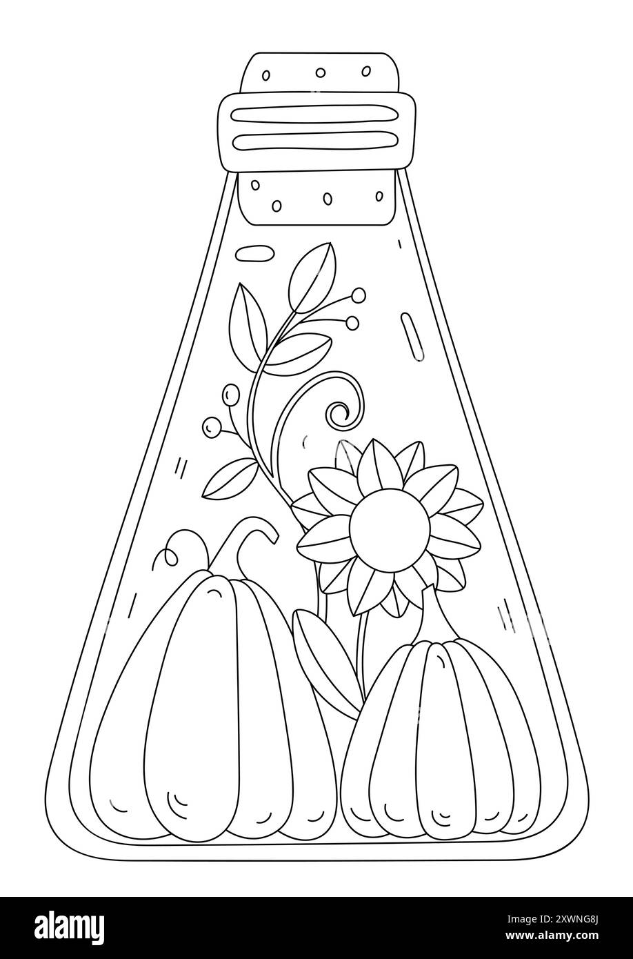 Herbstglas mit Kürbissen und Sonnenblumen innen ist Eine Färbung für Erwachsene und Kinder Stock Vektor