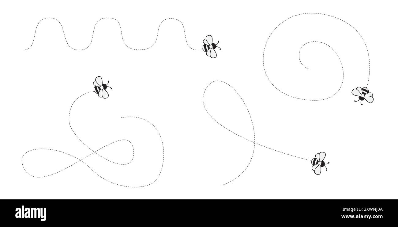Cartoon Bee Fliegen auf einer gepunkteten Route. Vektordarstellung auf Hintergrund isoliert. Stock Vektor