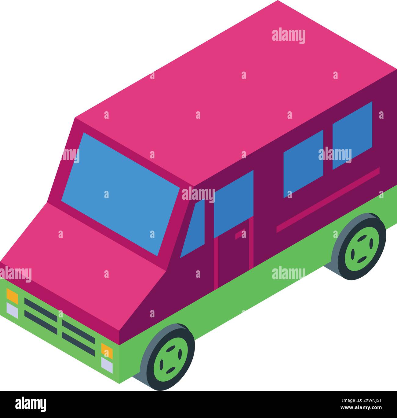 Farbenfroher isometrischer Kleinbus, der Passagiere auf weißem Hintergrund transportiert Stock Vektor