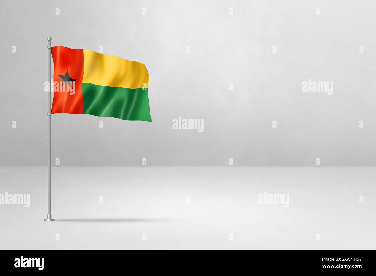 Guinea-Bissau-Flagge, 3D-Illustration, isoliert auf weißem Betonwandhintergrund Stockfoto