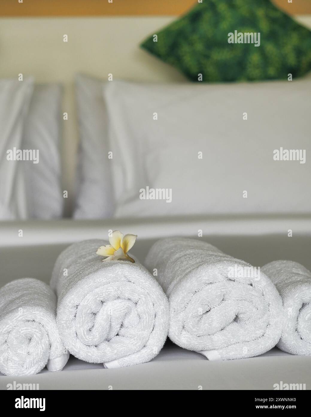 Nahaufnahme eines Stapels zusammengerollter Handtücher mit einer Frangipani-Blume in einem Hotel Stockfoto