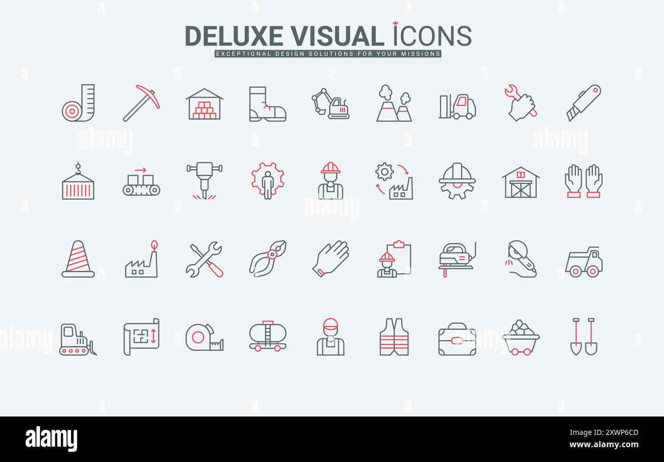Arbeitstag, Sicherheitsausrüstung und Werkzeuge von Arbeitern Symbolsatz gesetzt. Arbeitskollektion von Helm und Weste, Handschuhen und Ausrüstung der Bauindustrie dünne schwarze und rote Umrisssymbole Vektor-Illustration Stock Vektor