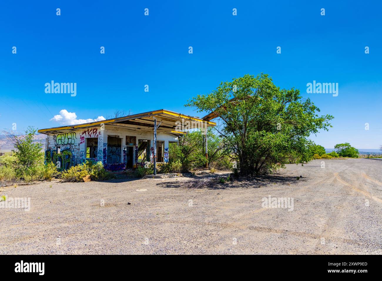Ruinen der Whiting Brothers Tankstelle an der historischen Route 66, San Fidel, New Mexico, USA Stockfoto
