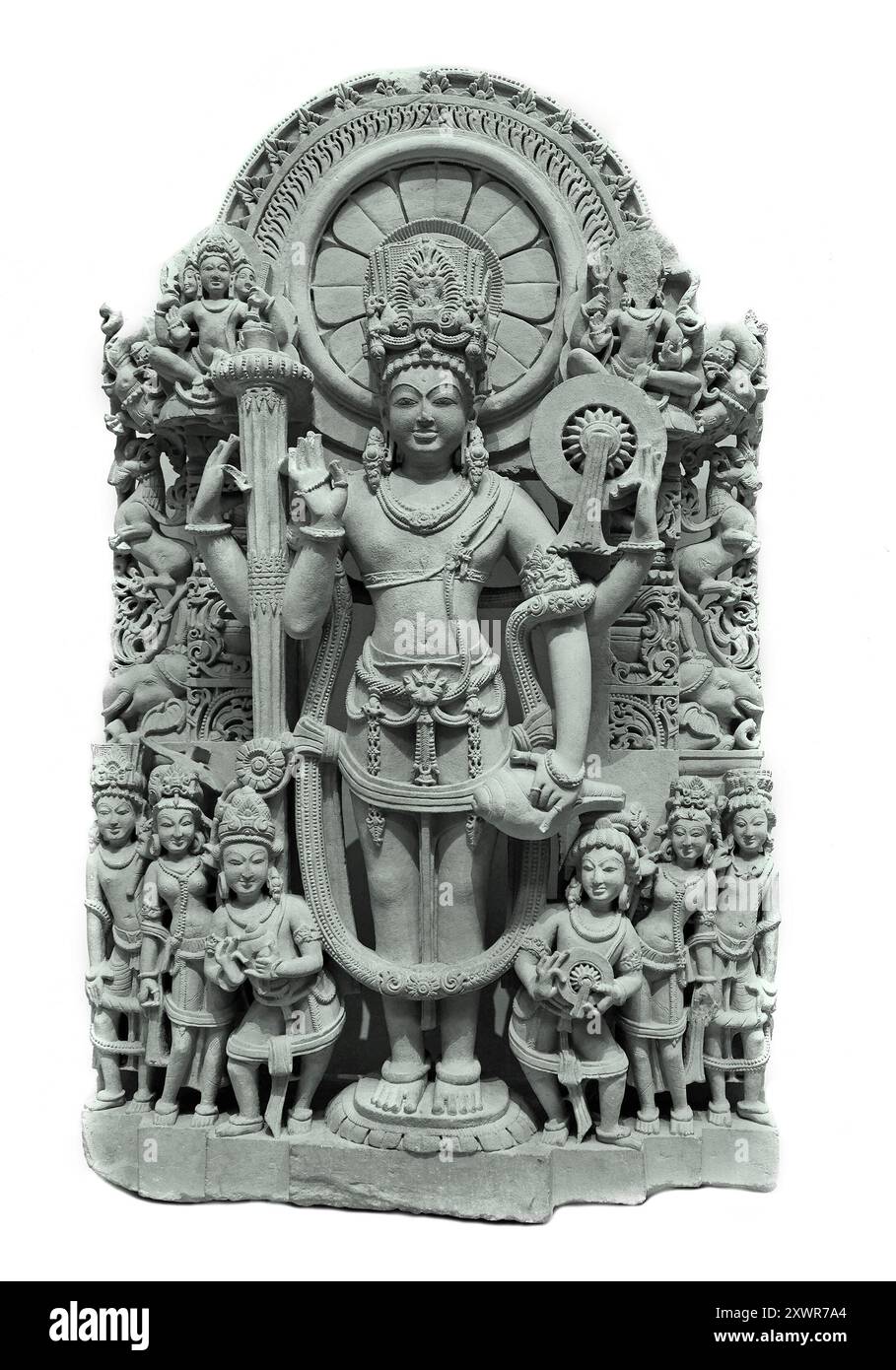 Stele von vier Armed Vishnu, Indien (Punjab), 10. Bis 11. Jahrhundert, Sandstein Stockfoto