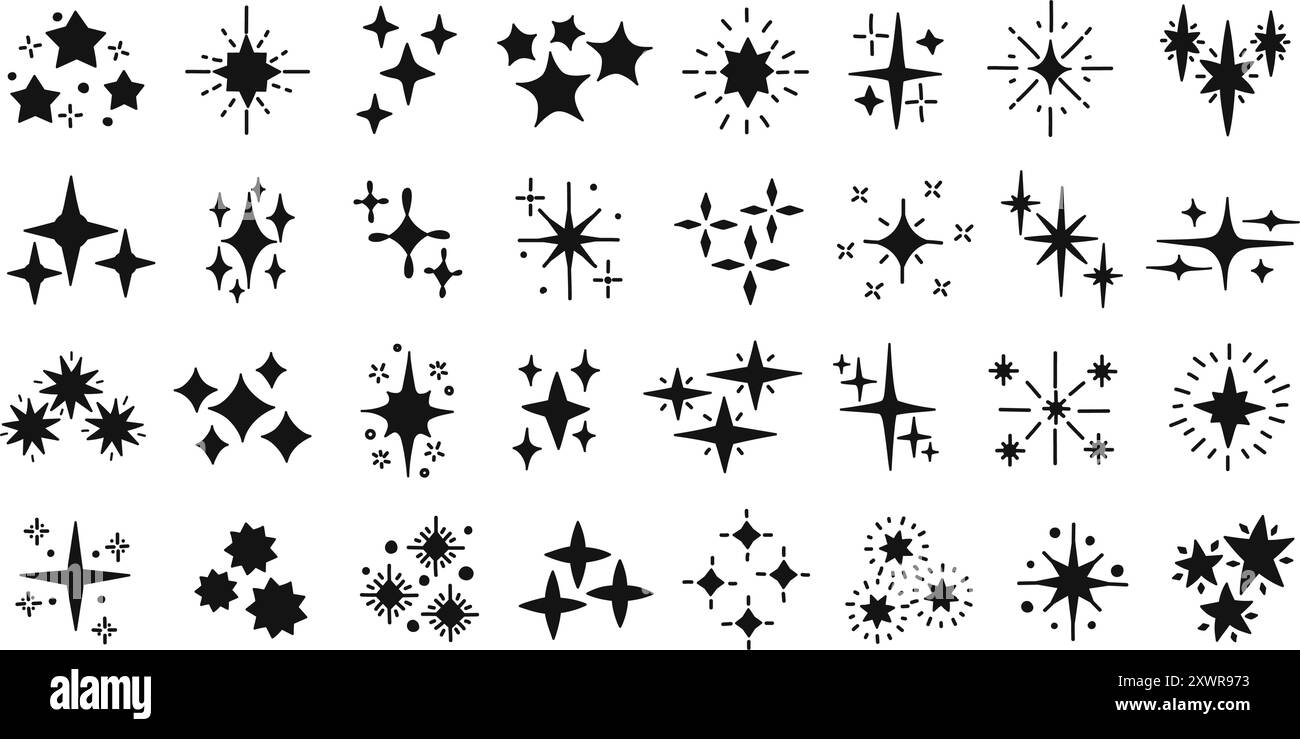 Glitzernde Silhouetten mit Doodle-Star-Glitzer. Schwarze Starburst, strahlende Form und funkelnde Symbole. Magischer Glitzer, glänzender Funken oder leuchtender Stern Stock Vektor