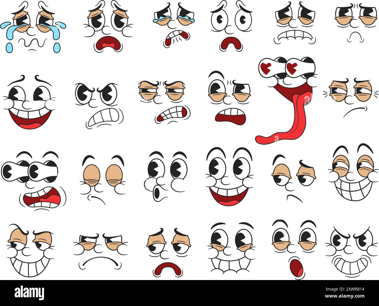 Retro-Cartoon-Gesichter. Lustige 30er Jahre Maskottchen Charakter Gesichtsausdrücke, Emotionen und Reaktionen mit Kuchenaugen für Gummischlauchfiguren Stock Vektor