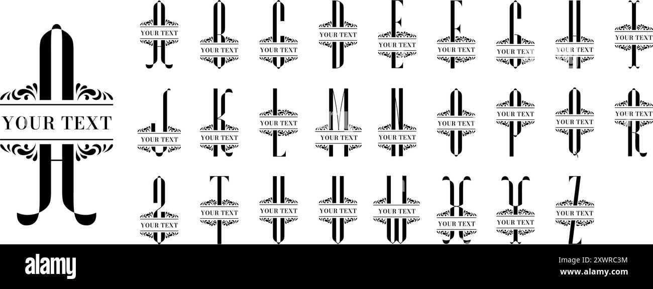 Geteiltes Monogramm. Retro-Anfangsbuchstaben mit verziertem Textrahmen, Schriftart mit geometrischem Emblem. Moderne Typografie dekorative Elemente Vektorset Stock Vektor