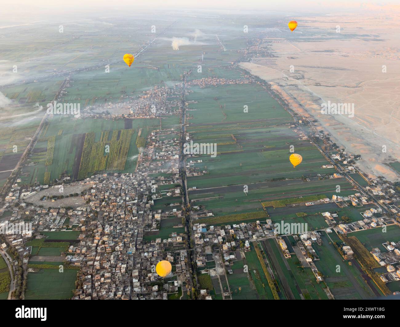 Erleben Sie den Zauber des alten Ägyptens, während farbenfrohe Heißluftballons anmutig über den Nil und die Wüstenlandschaften von Luxors Theben schweben. Stockfoto