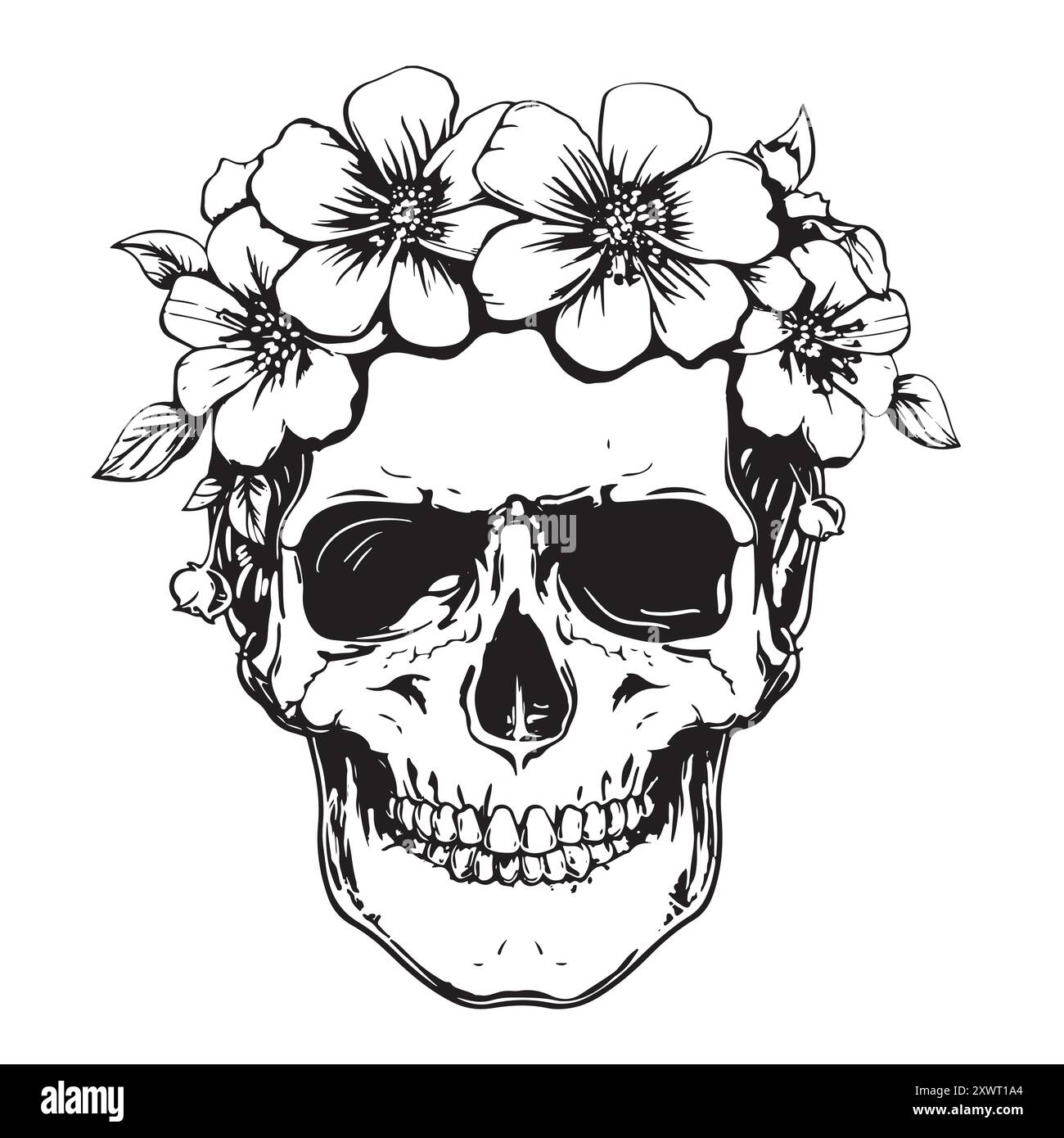 Schädel mit Blumen. Typografischer Druck, trendiges Muster für T-Shirts. Stock Vektor