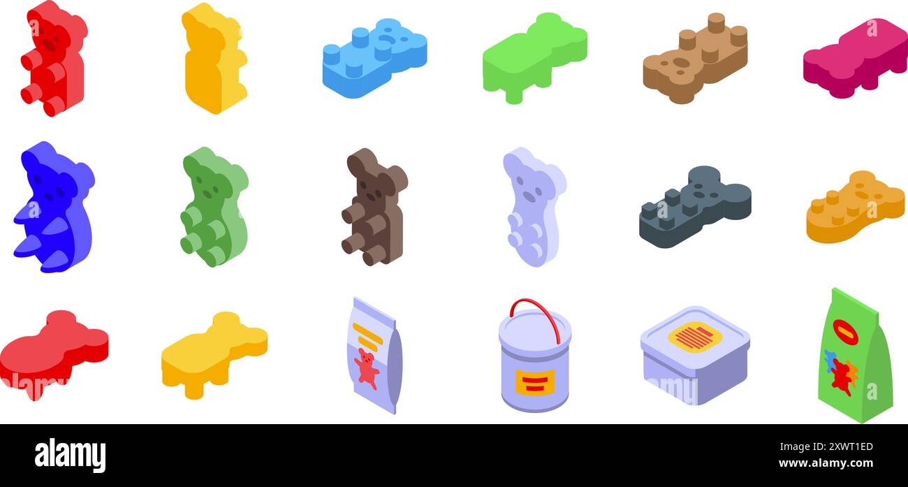 Jelly Bears Symbole gesetzt. Köstliche Auswahl an Gummibären wird in verschiedenen Farben, Formen und Verpackungen präsentiert, die die süßen Leckereien präsentieren Stock Vektor
