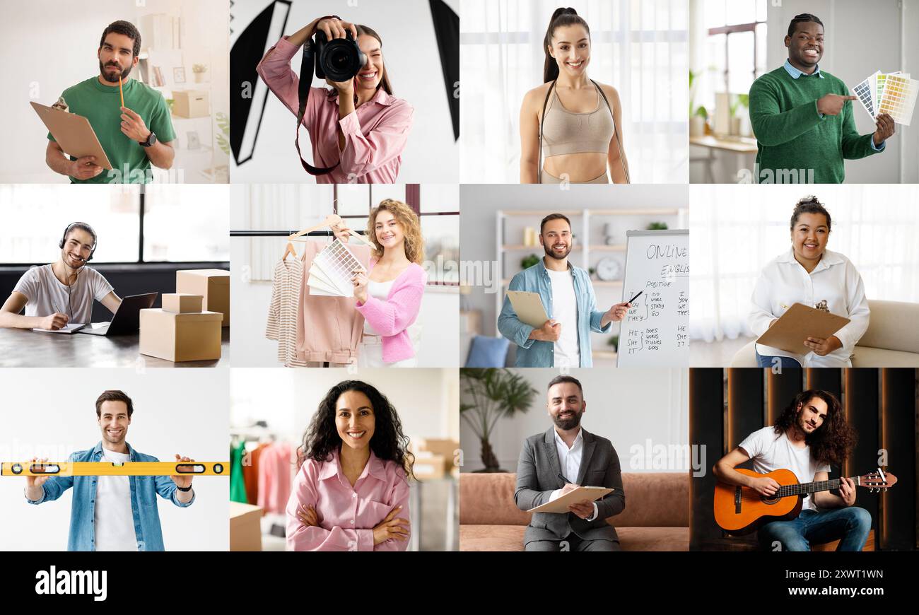 Verschiedene Gruppe von Einzelpersonen, die in verschiedenen Berufen und Umgebungen arbeiten Stockfoto