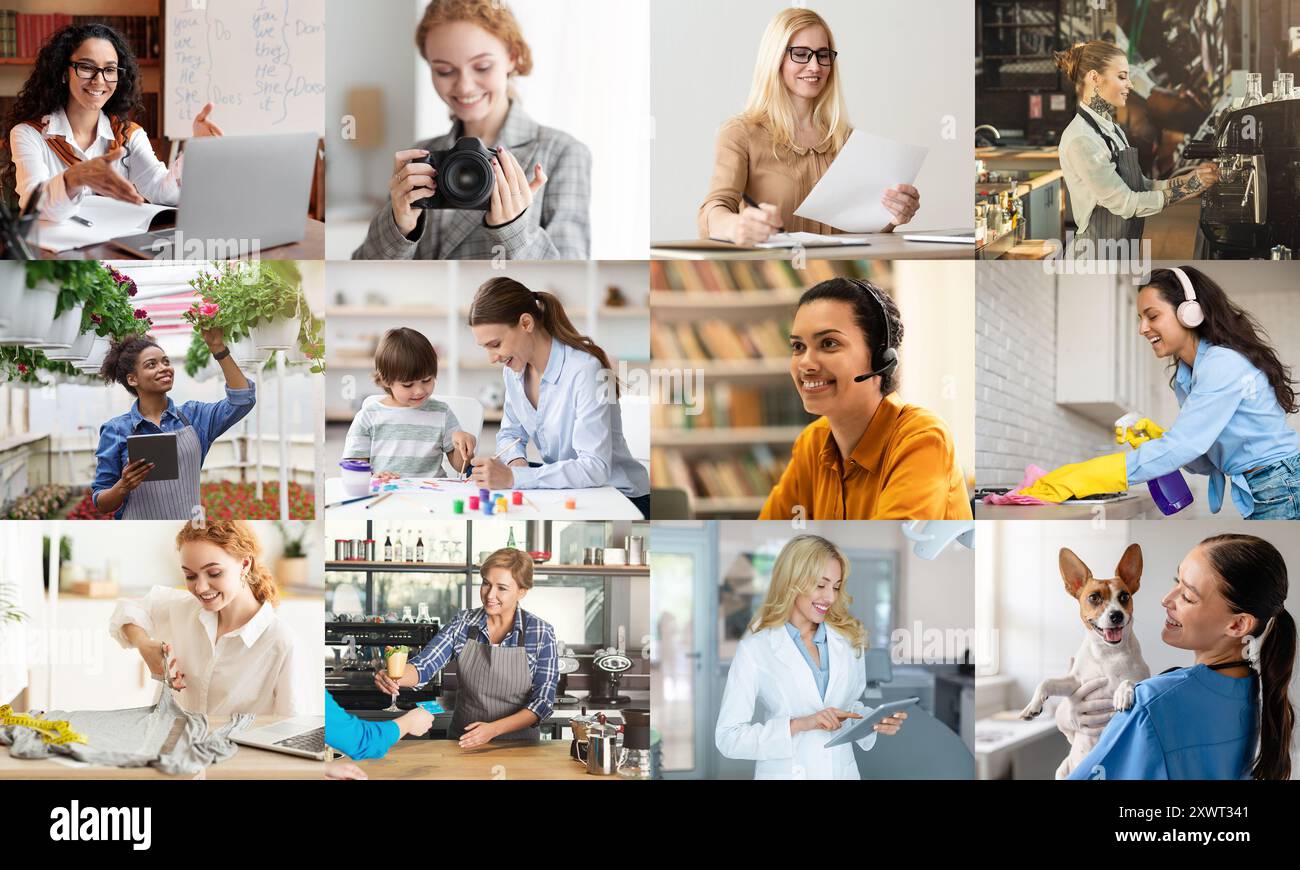 Verschiedene Gruppe von Frauen, die in verschiedenen Branchen und Berufen arbeiten Stockfoto