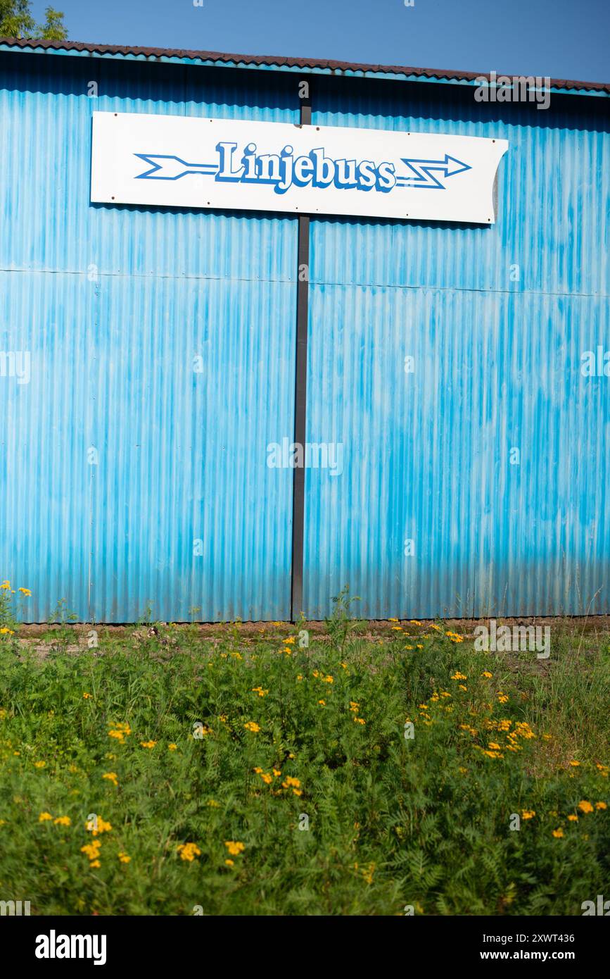 Eine blaue gewellte Metallwand zeigt deutlich ein Linjebuss-Zeichen, während gelbe Wildblumen im Vordergrund wachsen. Dieses Bild symbolisiert die Mischung aus industriellen und natürlichen Elementen und hebt den Kontrast hervor. Stockfoto