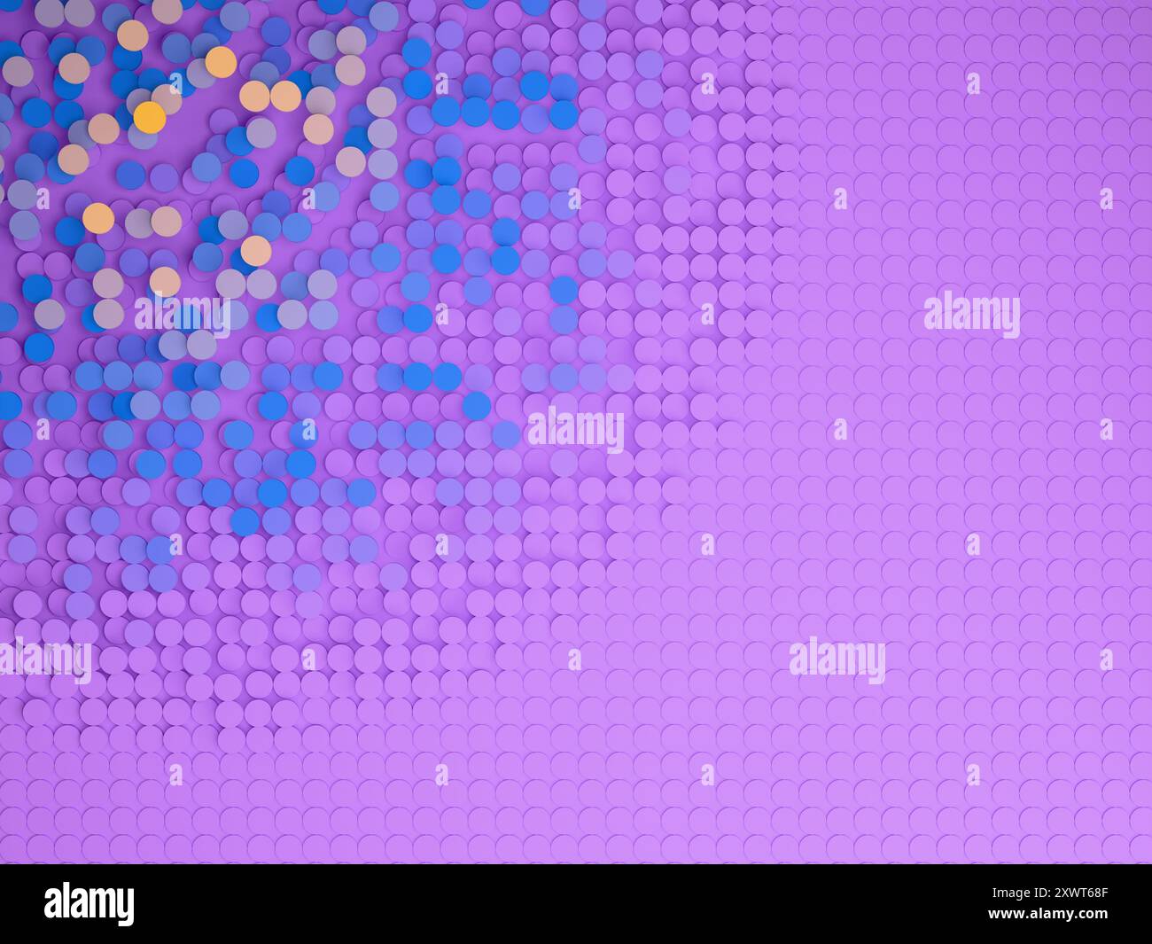 Buntes Kreismuster im Farbverlauf von Lavendelfarbe, Blau und Gelb. Digitales 3D-Rendering. Stockfoto