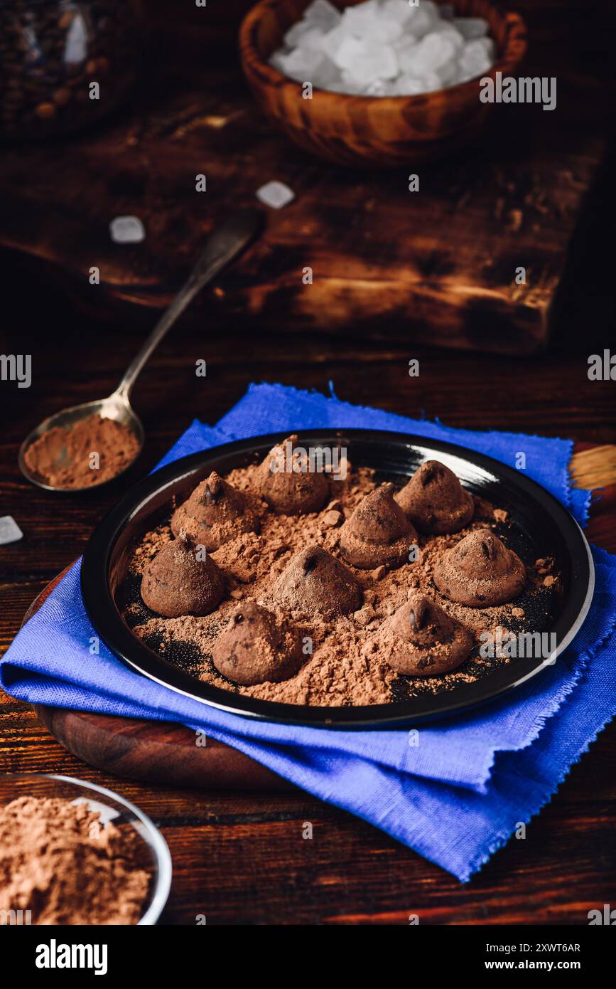 Hausgemachte Trüffel mit dunkler Schokolade auf Metall Fach Stockfoto
