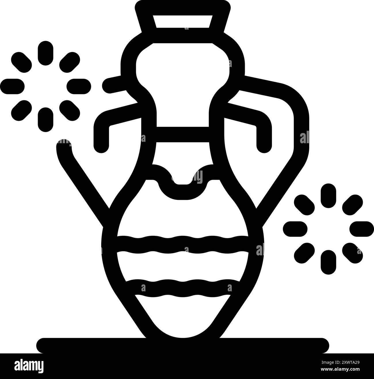 Antike griechische Amphore mit Griffen, auf einer Oberfläche stehend und von funkelnden Sternen umgeben Stock Vektor