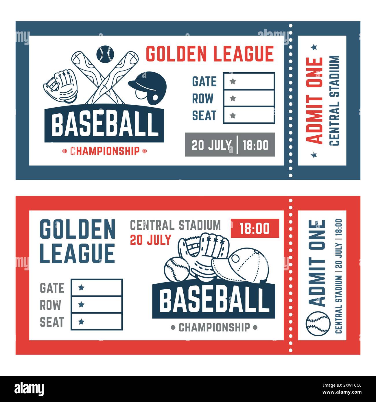 Design-Vorlagen für Baseball-Tickets. Meisterschaftsgutscheine. Sportelemente. Ort- und Zeitinformationen. Einladung zur Veranstaltung. Schilder für den Zugang zum Stadion Stock Vektor