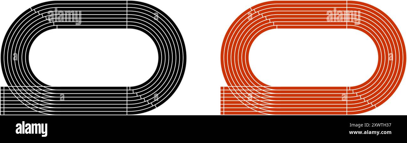 Schwarze und rote Laufstrecken. Stadion Draufsicht. Rennstrecke für Sprint, Marathon oder andere sportliche Wettkämpfe isoliert auf weißem Hintergrund. Illustration der Vektorabwicklung. Stock Vektor