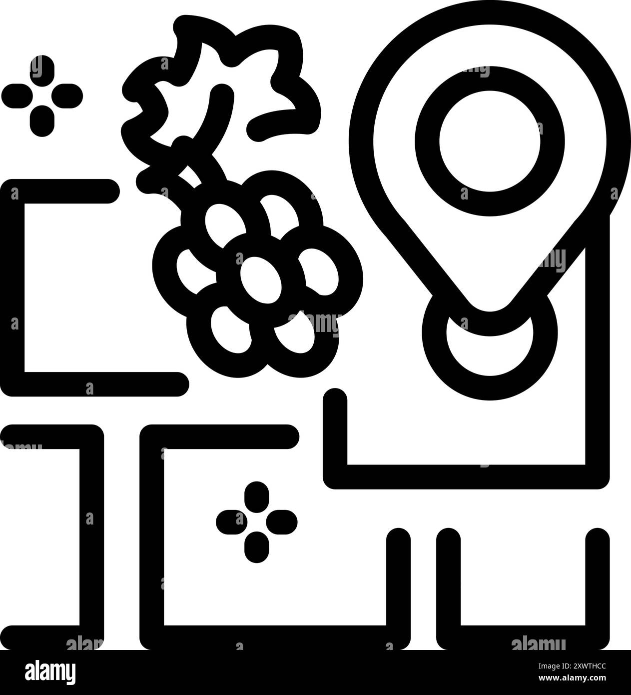 Schwarz-weißes Symbol einer gps-Pin, die die Position eines Weinbergs auf einer Karte markiert, perfekt für die Darstellung des Weintourismus Stock Vektor
