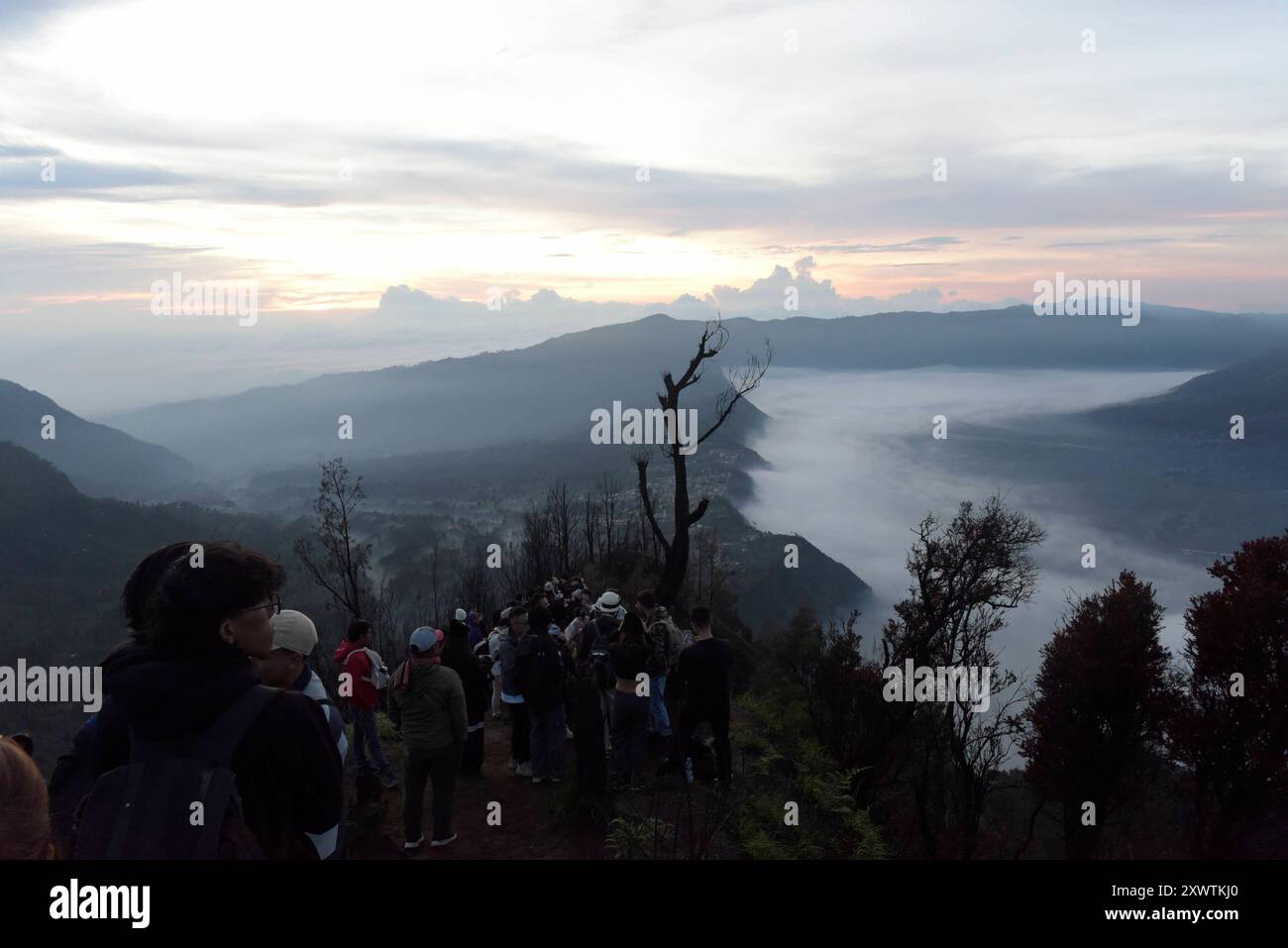 Menschen kommen, um sich den Sonnenaufgang über der Tengger-Caldera anzusehen. Der Nationalpark Bromo-Tengger-Semeru besteht seit 1982. Der mittlere Teil des Namens verweist auf das hier lebende Volk der Tengger. Zum Nationalpark gehören der 3676 m hohe Stratovulkan Semeru, der höchste Berg der Insel, sowie vier in der Tengger-Caldera liegende Vulkane, deren Bekanntester der Bromo ist. Die Caldera wird vom Tengger-Sandmeer malaiisch: Laut Pasir Tengger ausgefüllt. Vier gesehen und etwa 50 Flüsse liegen auf dem Gelände. Bereits seit 1919 steht das Sandmeer unter besonderem Schutz. *** Leute kommen Stockfoto