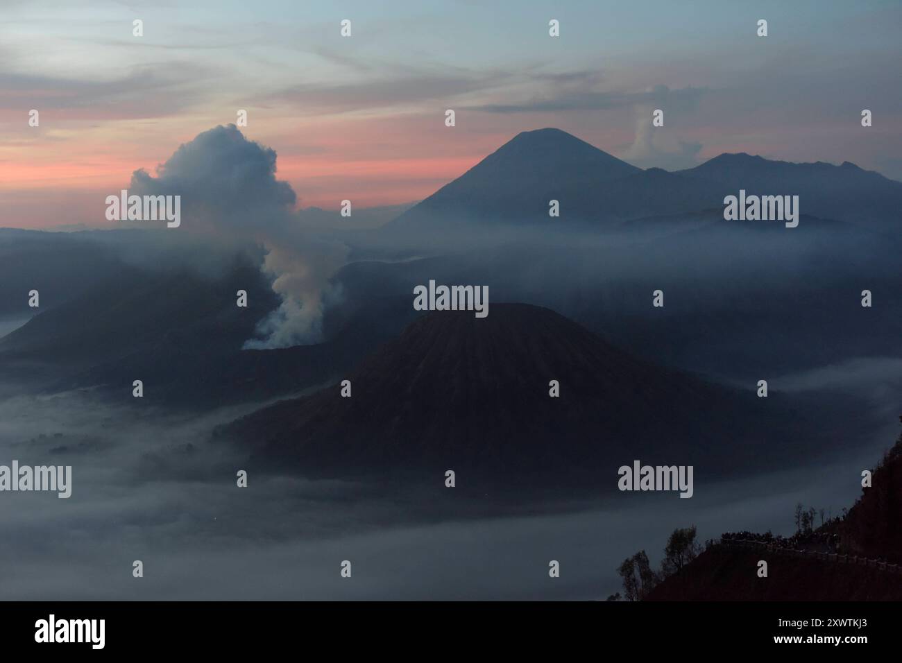 Frühnebel bei Sonnenaufgang in der Tengger-Caldera. Links ist der Bromo rauchender Krater / Höhe: 2,329 Meter und rechts vorne der Batok zu sehen, im Hintergrund der Vulkan Semeru mit 3676 m Höhe der höchste Berg der indonesischen Insel Java. Der Nationalpark Bromo-Tengger-Semeru besteht seit 1982. Der mittlere Teil des Namens verweist auf das hier lebende Volk der Tengger. Zum Nationalpark gehören der 3676 m hohe Stratovulkan Semeru, der höchste Berg der Insel, sowie vier in der Tengger-Caldera liegende Vulkane, deren Bekanntester der Bromo ist. Die Caldera wird vom Tengger-Sandmeer malaiisch Stockfoto