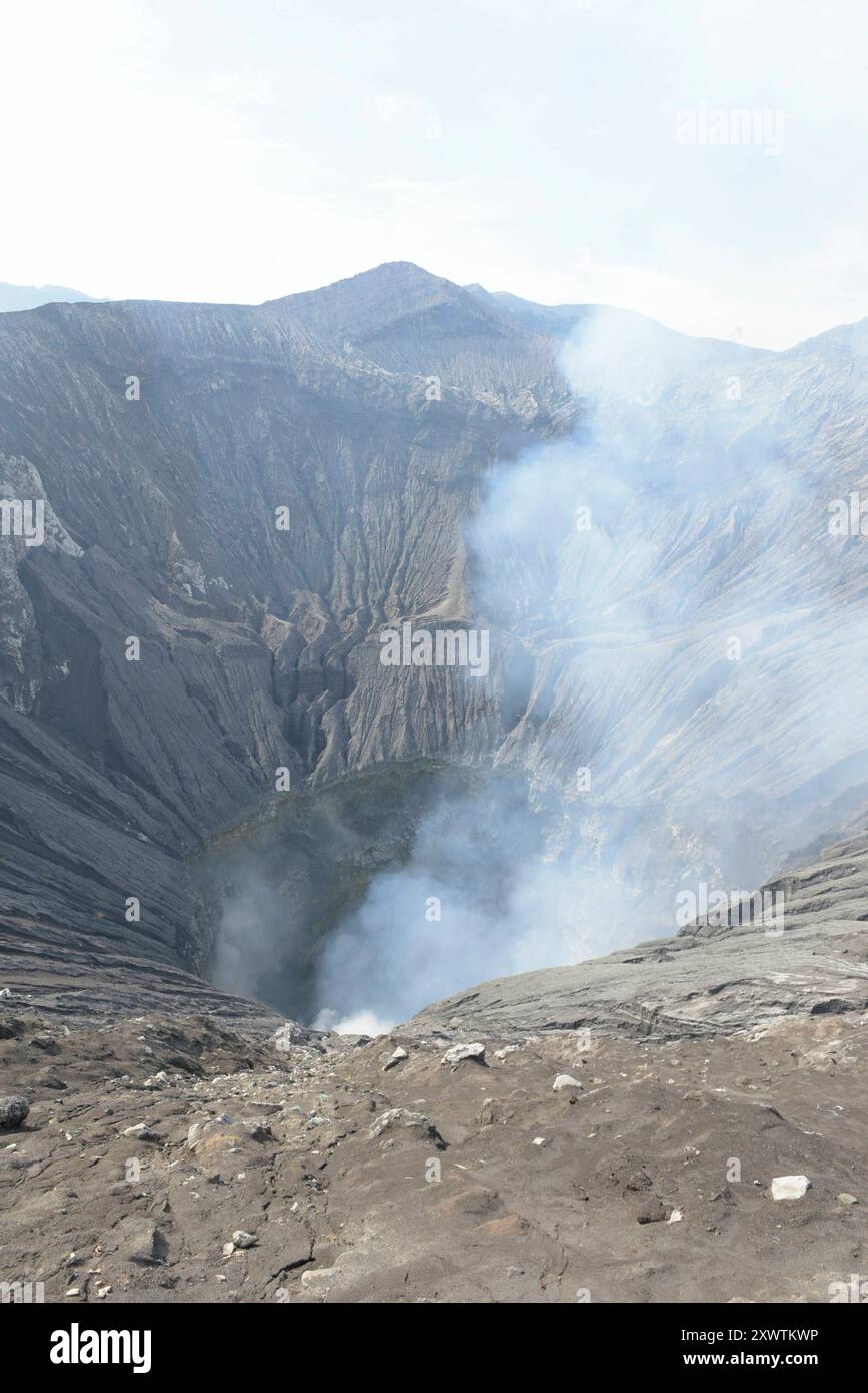 Blick vom Kraterrand in den Krater des Vulkans Bromo. Der 2329 m hohe Vulkan ist der jüngste Krater des Tengger-Vulkan-Massivs und einer der aktivsten Vulkane auf Java. Bei einem Ausbruch am 8. Juni 2004 starben zwei Menschen. Änderungsantrag 23. November 2010 begann eine neue Eruptionsphase, ein Umkreis von 2 Kilometern um den Krater wurde zeitweise gesperrt. Der in der Nähe liegende Flughafen Malang war zu besonderer Vorsicht aufgerufen, und an die Einwohner der Region wurden Staubmasken verteilt. Vom 12. November 2015 bis 12. November 2016 brach der Vulkan erneut aus. Zweimal muss in dieser Zeit der Stockfoto