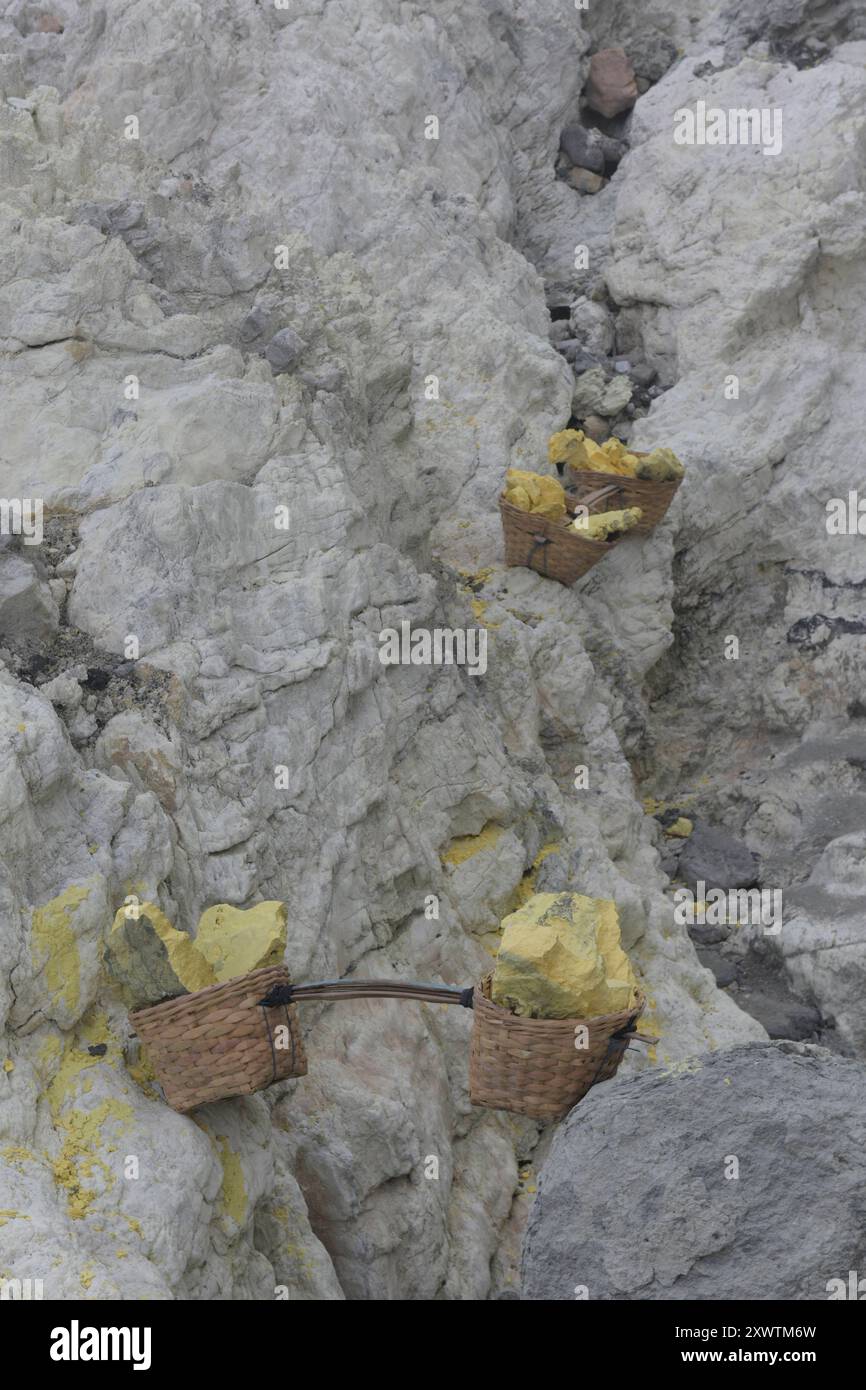 Am Ufer des Kratersees des Gunung Iljen gibt es große Schwefelvorkommen, die pro Hand abgebaut werden. Eingekreist von einer zerfurchten Felswand liegt im Krater des Gunung Iljen der Kratersee. Seine grünlich-blaue Farbe ist auf hohe Konzentrationen von Alaun, Schwefel und Gips zurückzuführen. Mit einem pH-Wert um 0,3 und seiner wird er als größtes Säurefass der Erde bezeichnet. Kratersee - Breite: 600 m - Länge: 960 m - Tiefe: bis zu 200 m *** am Ufer des Kratersees von Gunung Iljen gibt es große Schwefelablagerungen, die von Hand abgebaut werden und von einer gefurchten Felswand, dem c, umgeben sind Stockfoto