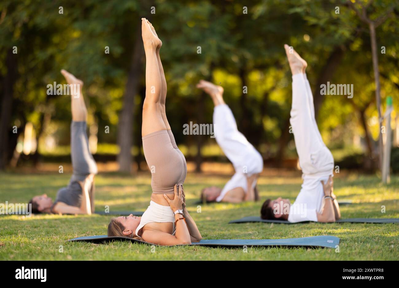 Junge Frau, die Sarvangasana während des Gruppenyoga im Park macht Stockfoto