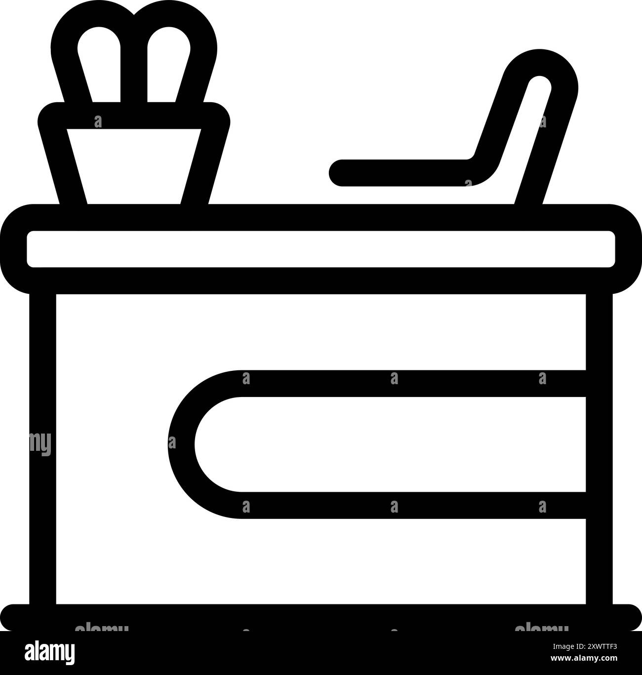 Liniensymbol eines modernen Bürotischs, der Arbeit, Büroleben und Produktivität symbolisiert Stock Vektor