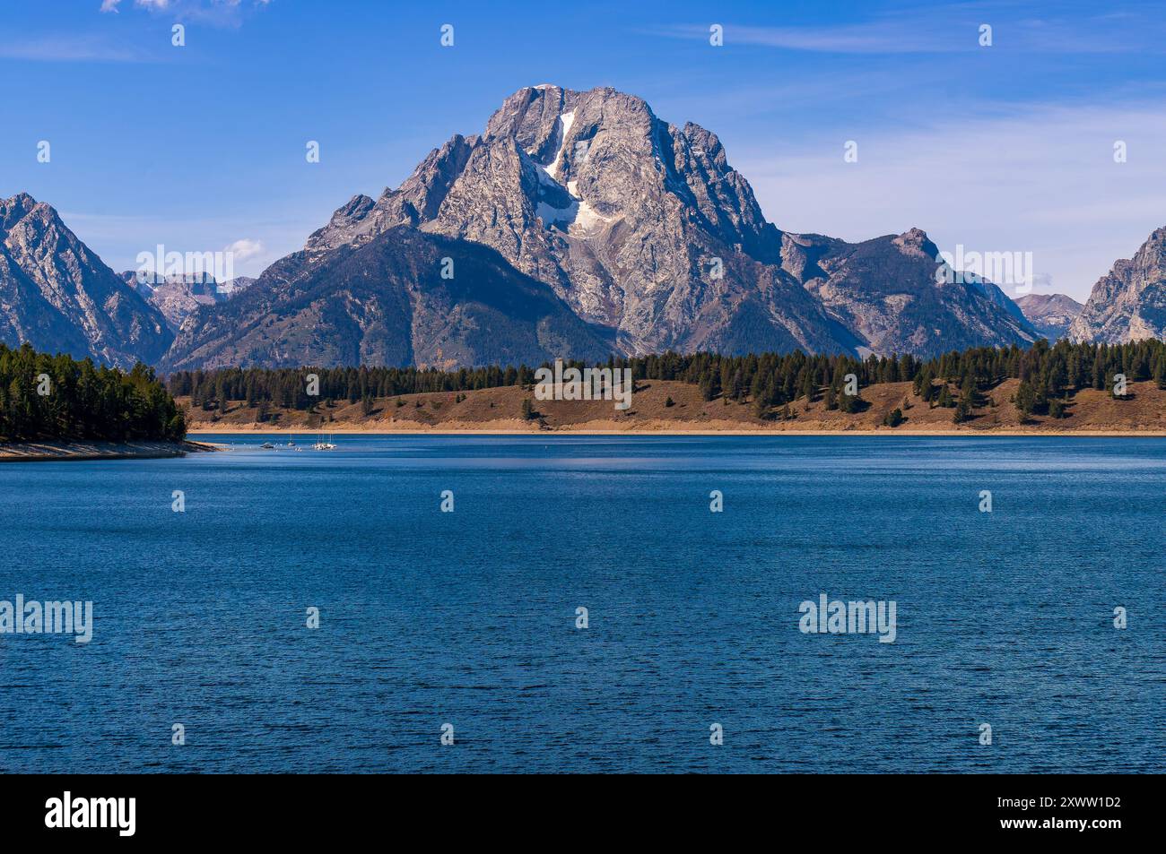 Jackson Lake mit Mount Moran im Hintergrund. Grand Teton National Park, Wyoming Stockfoto