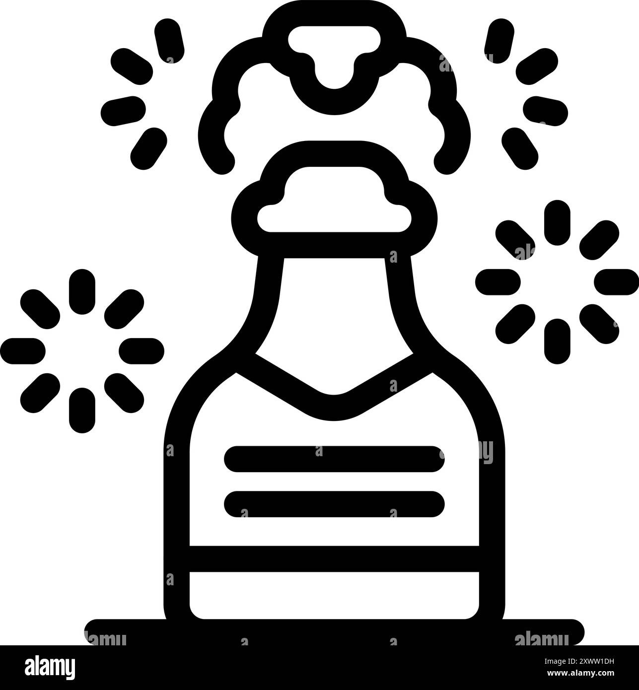 Die Flasche Champagner explodiert, der Kork springt heraus und überall spritzt Sekt Stock Vektor