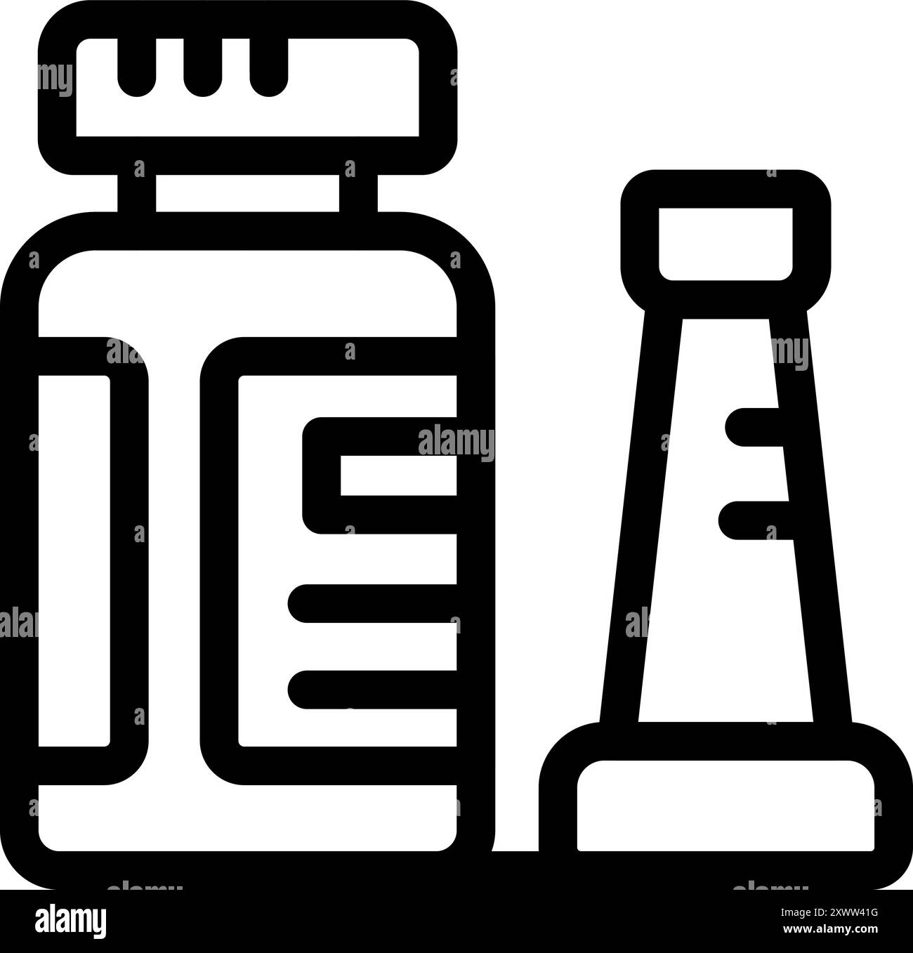 Liniensymbol einer Arzneimittelflasche und eines graduierten Zylinders, das die genaue Medikamentendosierung und -Messung für sichere Medikamentenpraktiken darstellt Stock Vektor