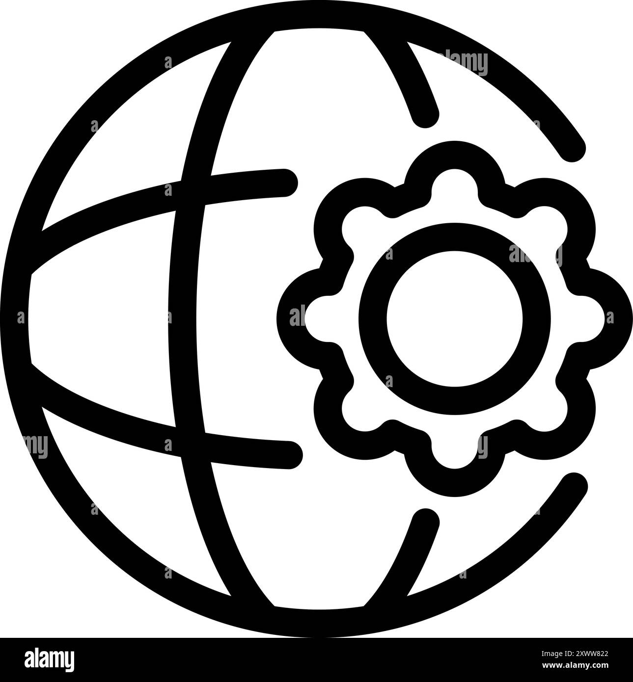 Kühne Line Art Ikone eines Globus mit Ausrüstung, symbolisiert globales Management und internationale Geschäftsabläufe Stock Vektor