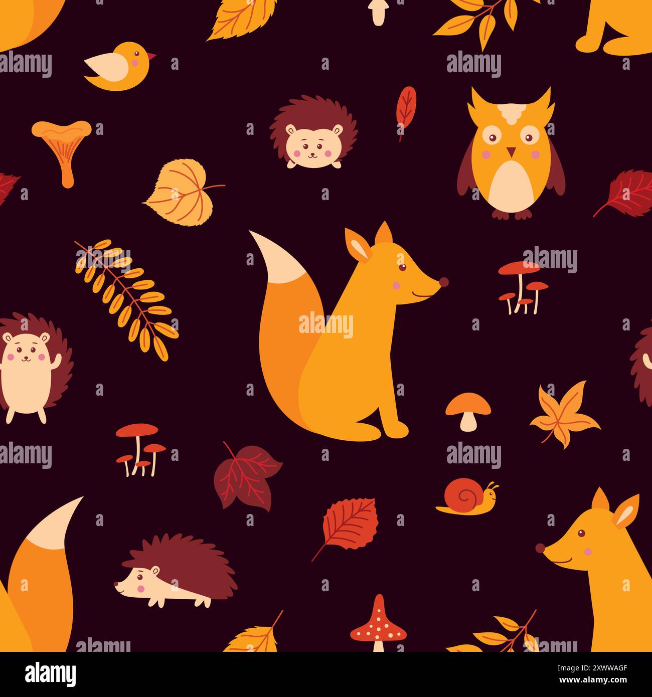 Nahtloses Muster mit Waldtieren und Herbstblättern Stock Vektor
