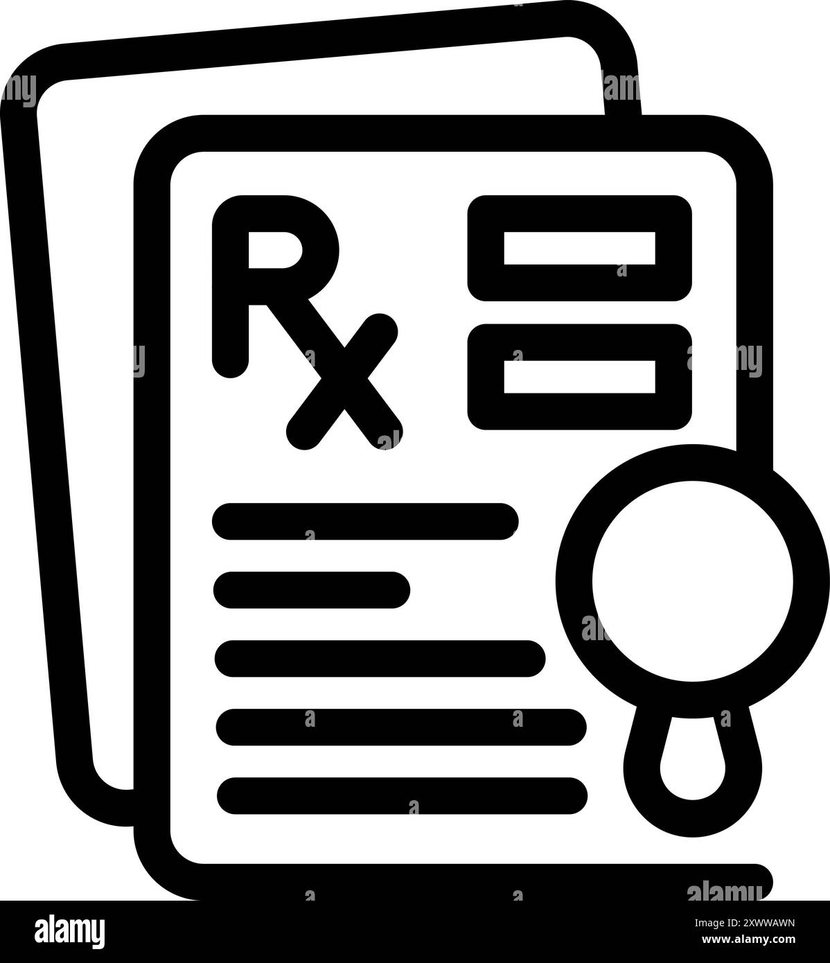 Eine Lupe wird verwendet, um ein ärztliches Verschreibungspapier sorgfältig zu untersuchen Stock Vektor