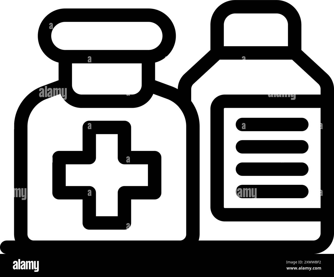 Einfaches schwarz-weißes Vektorsymbol für Arzneimittelflaschen, das Medikamente und pharmazeutische Produkte repräsentiert Stock Vektor