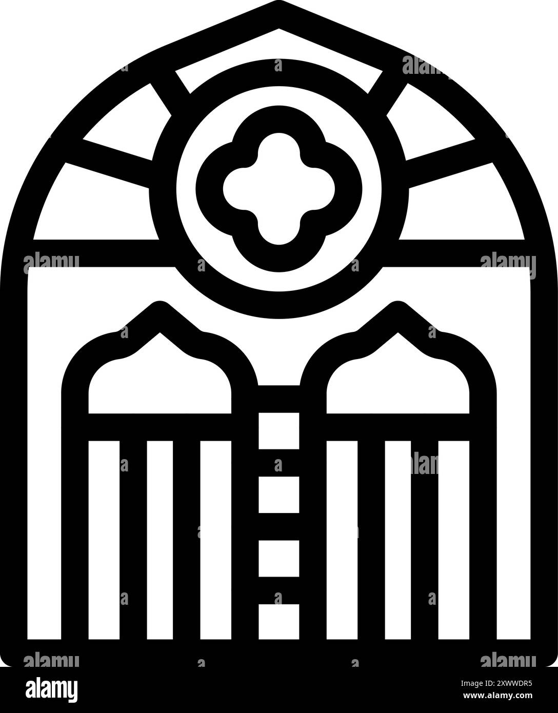 Einfaches, auffälliges Symbol eines bogenförmigen Kirchenfensters mit Buntglas und Säulen, geeignet für religiöse oder architektonische Designs Stock Vektor