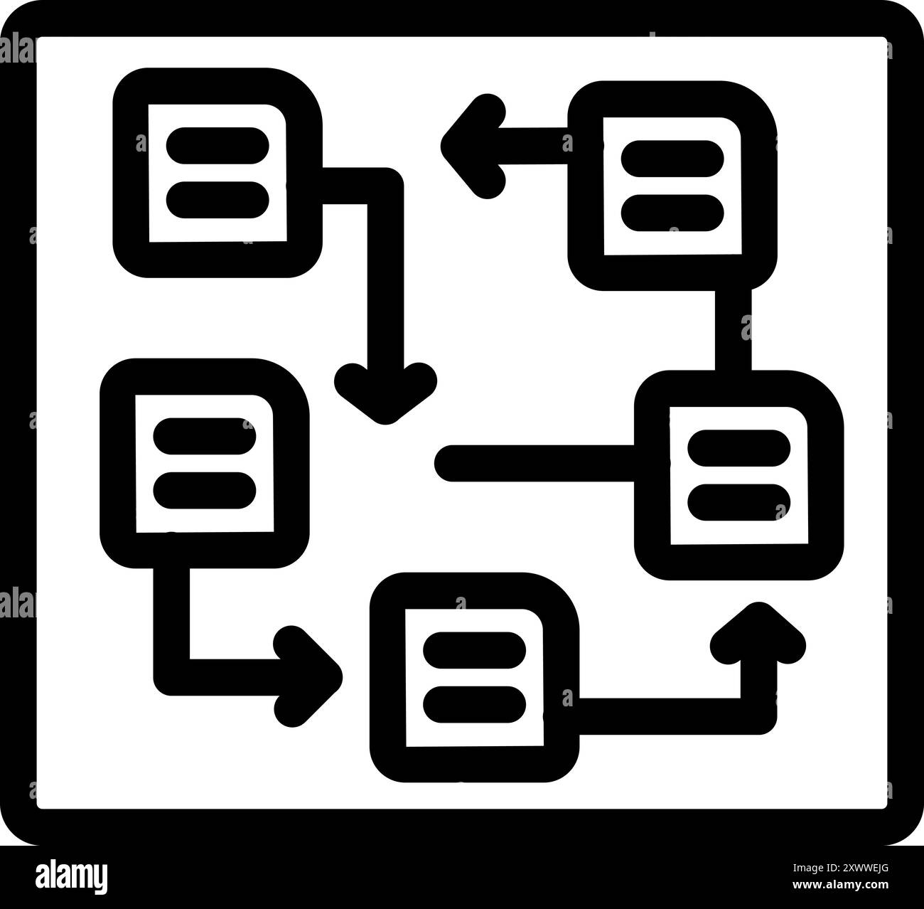 Einfaches Schwarzweiß-Vektorsymbol eines Algorithmus-Flussdiagramms, das die Datenverarbeitung mit Pfeilen anzeigt Stock Vektor