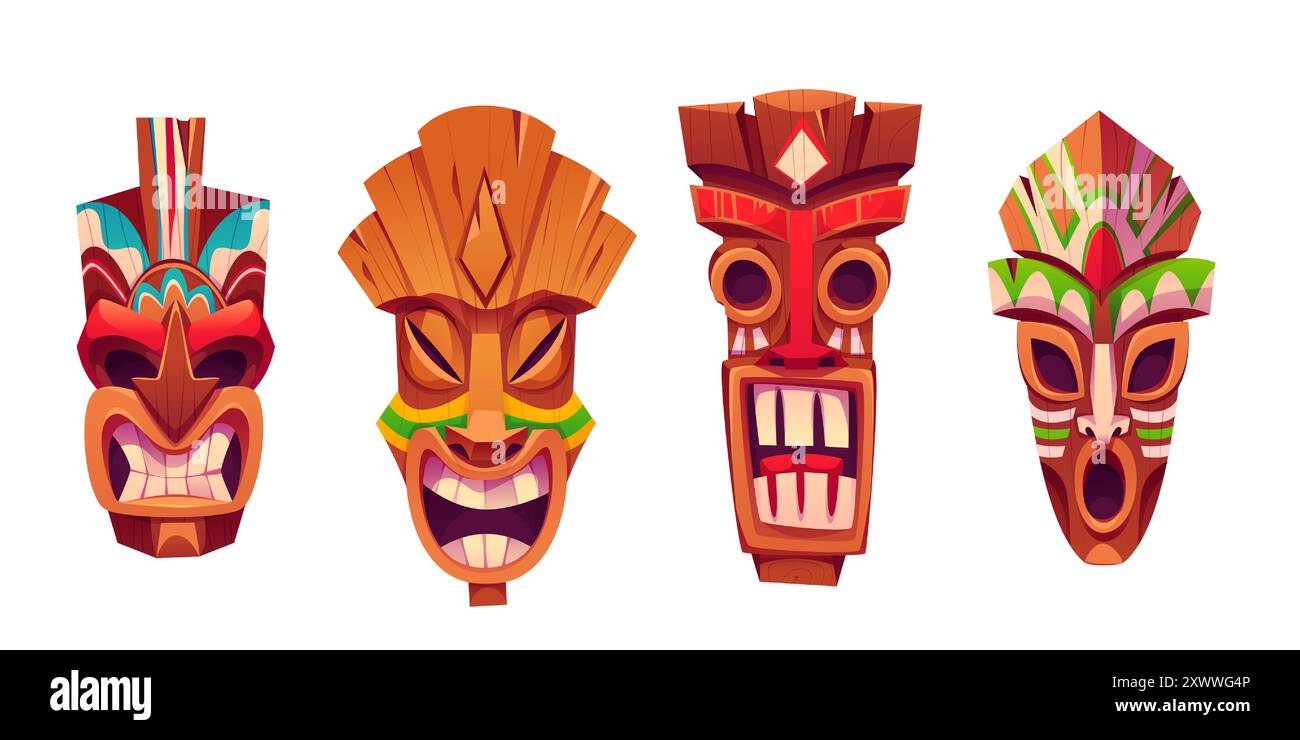 Traditionelle hawaiianische Totem-Tiki-Maskenkollektion. Zeichentrickvektor-Illustration Set des hölzernen Stammes Kultur Statue Kopf mit tropischen Blättern Dekorationen. Gesichts-Emotionen mit Augen, Zähnen und Zunge. Stock Vektor